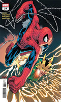 Marvel comic book cover featuring Spider-Man swinging through the frame, with a large metallic chain across the top and a character with blond hair below amidst glowing yellow energy lines. The Marvel logo and issue number 34 are visible in the top-left corner.