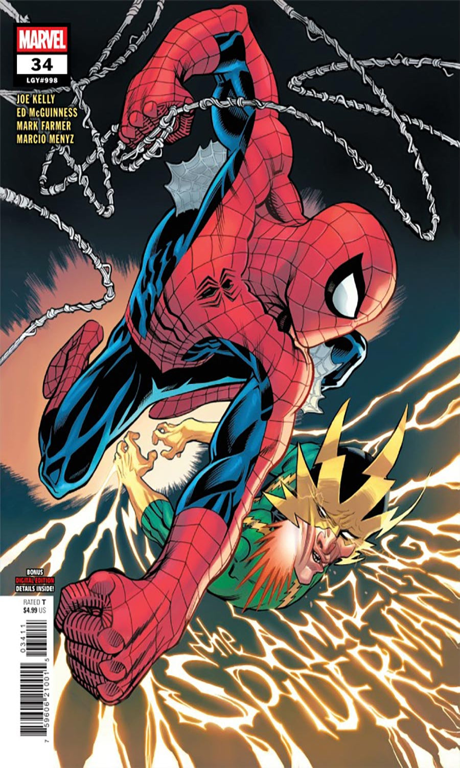 Marvel comic book cover featuring Spider-Man swinging through the frame, with a large metallic chain across the top and a character with blond hair below amidst glowing yellow energy lines. The Marvel logo and issue number 34 are visible in the top-left corner.