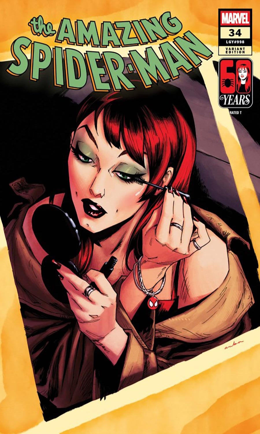Marvel's The Amazing Spider-Man #34 60th Anniversary Edition comic book cover featuring a stylized illustration of a woman with red hair applying makeup, set against a yellow and black background with the title at the top.