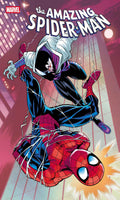 Marvel's The Amazing Spider-Man comic book cover featuring a dynamic action scene with Spider-Man suspended in webbing above another Spider-Man in a red and blue suit against a pink-toned city background.