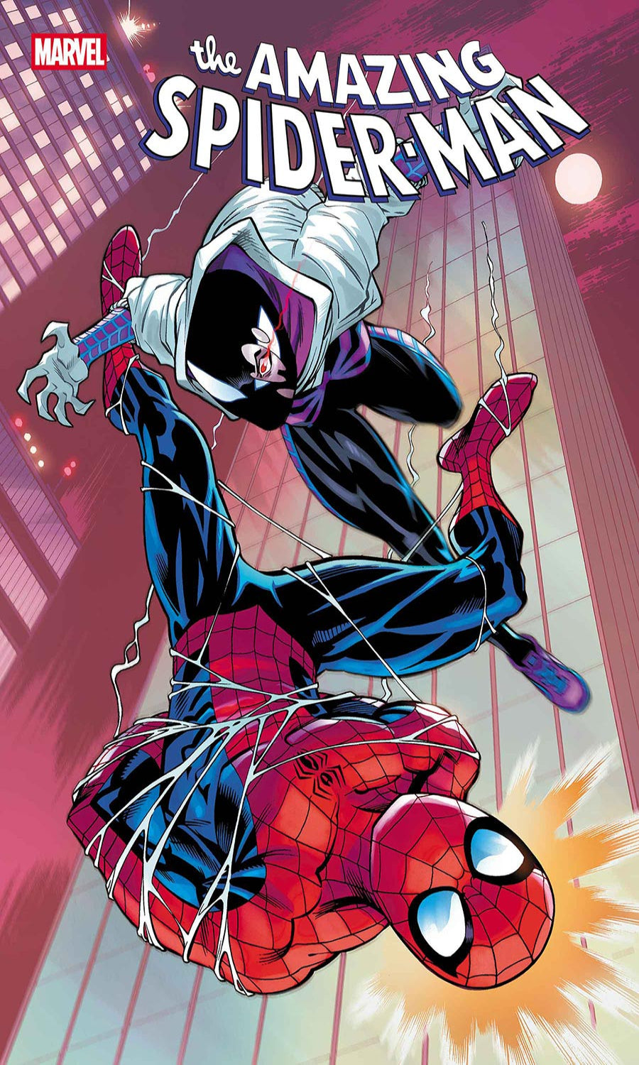 Marvel's The Amazing Spider-Man comic book cover featuring a dynamic action scene with Spider-Man suspended in webbing above another Spider-Man in a red and blue suit against a pink-toned city background.
