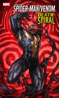 Comic book cover featuring Spider-Man and Venom with a red spiral background