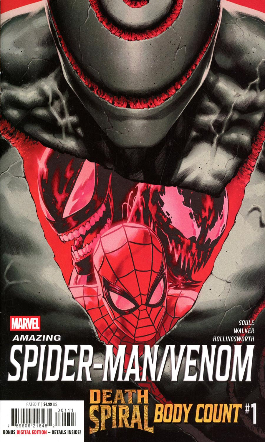 Comic book cover featuring Spider-Man and Venom with a red and black color scheme.