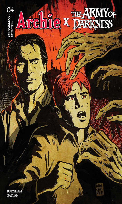 Comic book cover featuring two characters with a red and brown color scheme, hands reaching towards them.