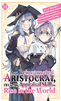 Manga cover featuring two characters in a fantasy setting with text about reincarnation and appraisal.