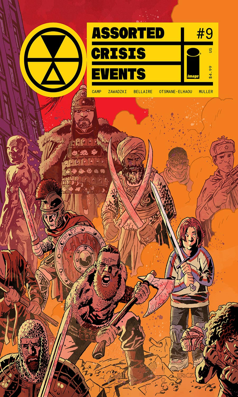 Comic book cover titled 'Assorted Crisis Events #9' with warrior illustrations and a radiation symbol.