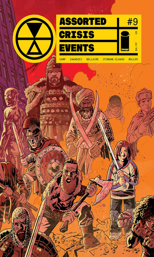 Comic book cover titled 'Assorted Crisis Events #9' with warrior illustrations and a radiation symbol.