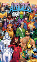 Group of Marvel superheroes from different eras with 'The Avengers' logo above.
