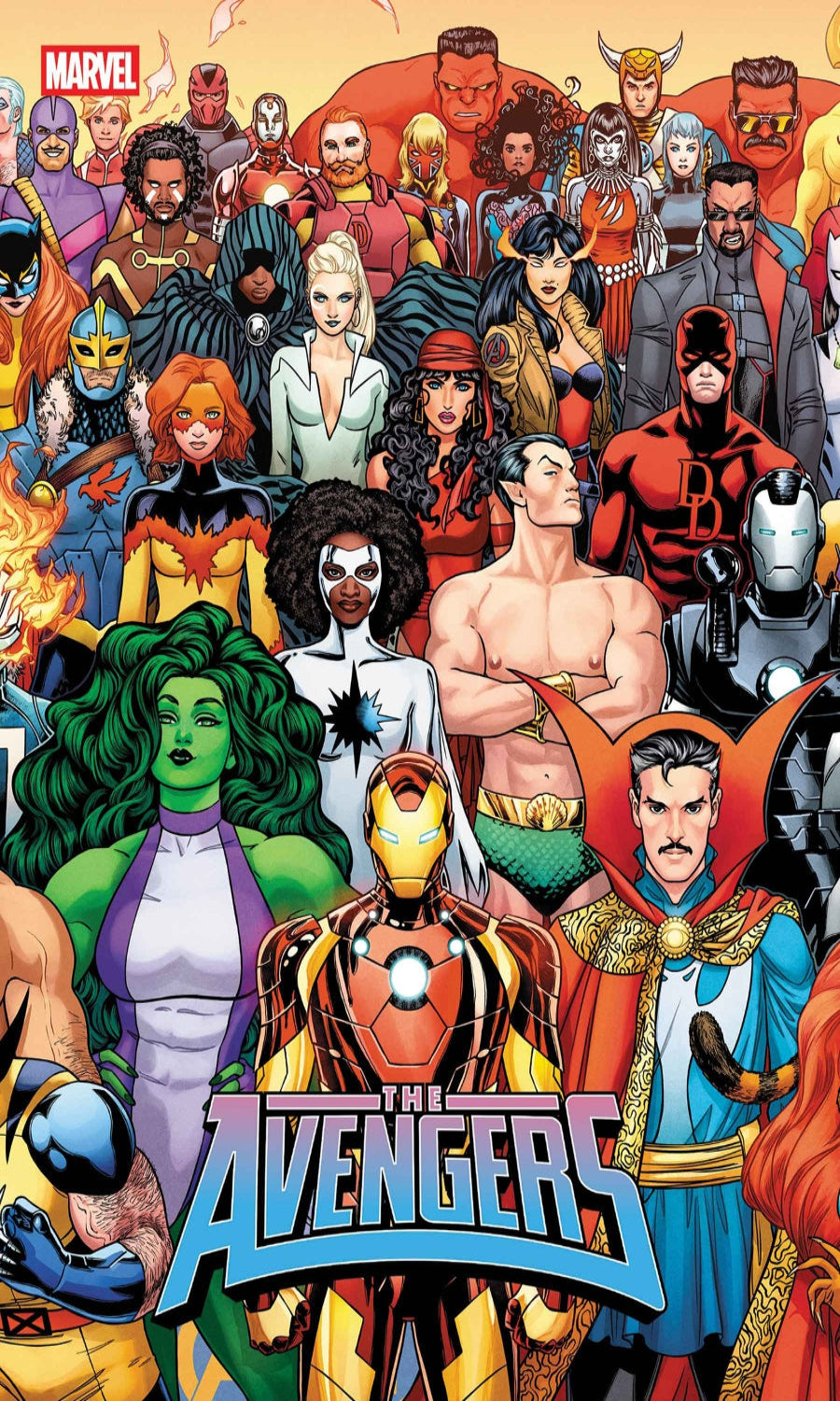 Group of Marvel superheroes in colorful costumes with 'The Avengers' logo.