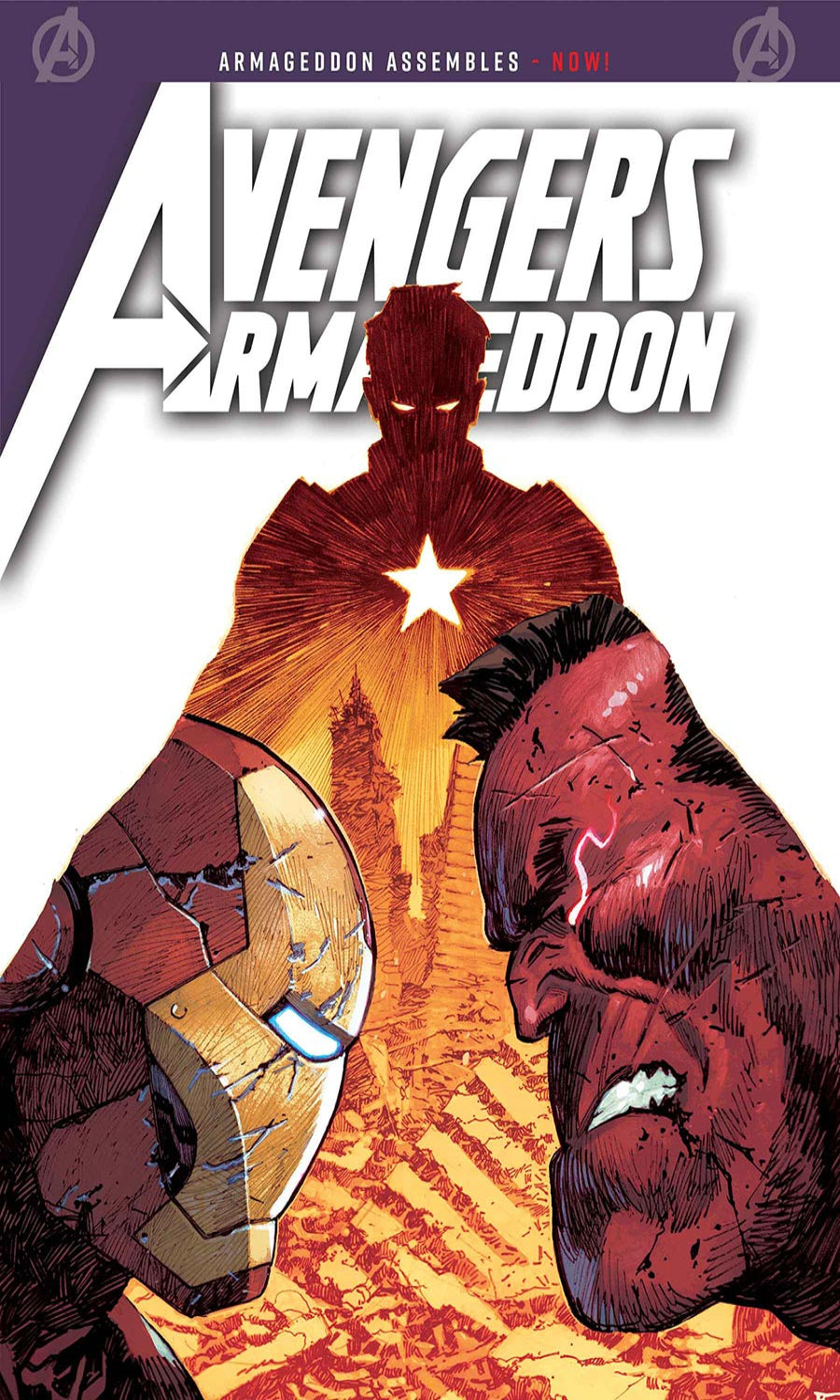 Comic book cover featuring Iron Man and Red Hulk with 'Avengers Armageddon' title