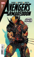 Marvel's Avengers Armageddon #3 comic book cover featuring Wolverine with claws extended, a speech bubble reading 'Avengers Assemble!', and the title in large black letters against a pale blue and cream background.
