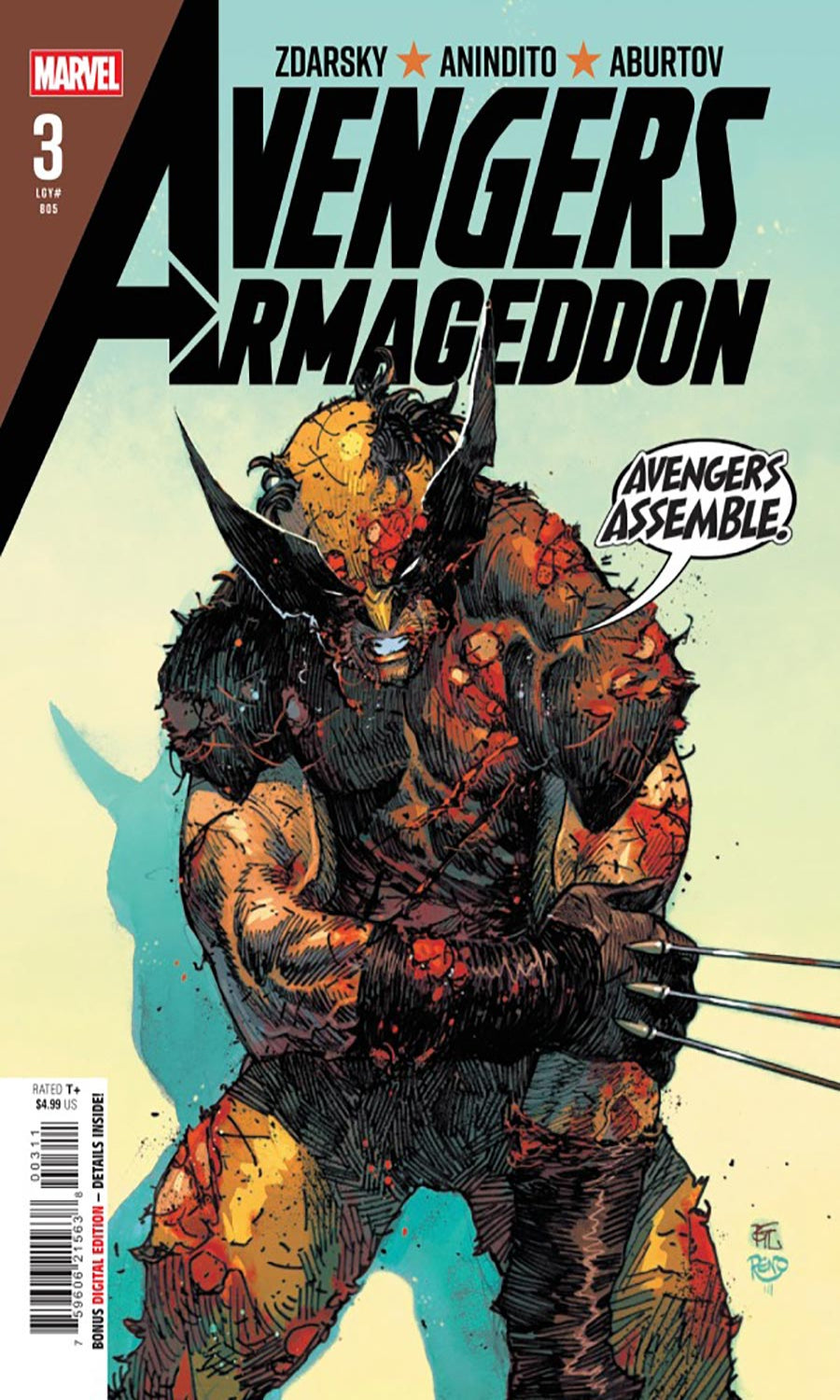 Marvel's Avengers Armageddon #3 comic book cover featuring Wolverine with claws extended, a speech bubble reading 'Avengers Assemble!', and the title in large black letters against a pale blue and cream background.