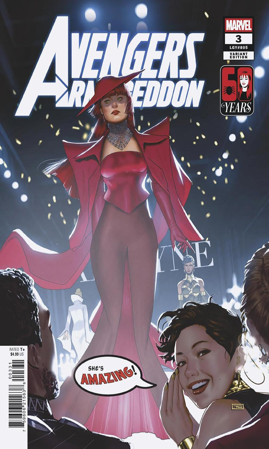 Marvel's Avengers Assemble Red Dawn #3 comic book cover featuring a woman in a red dress and hat under a starry night sky, with the Marvel logo and 60th Anniversary badge in the top right.