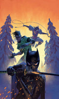 Comic book illustration of a superhero in a forest with another character in the background.