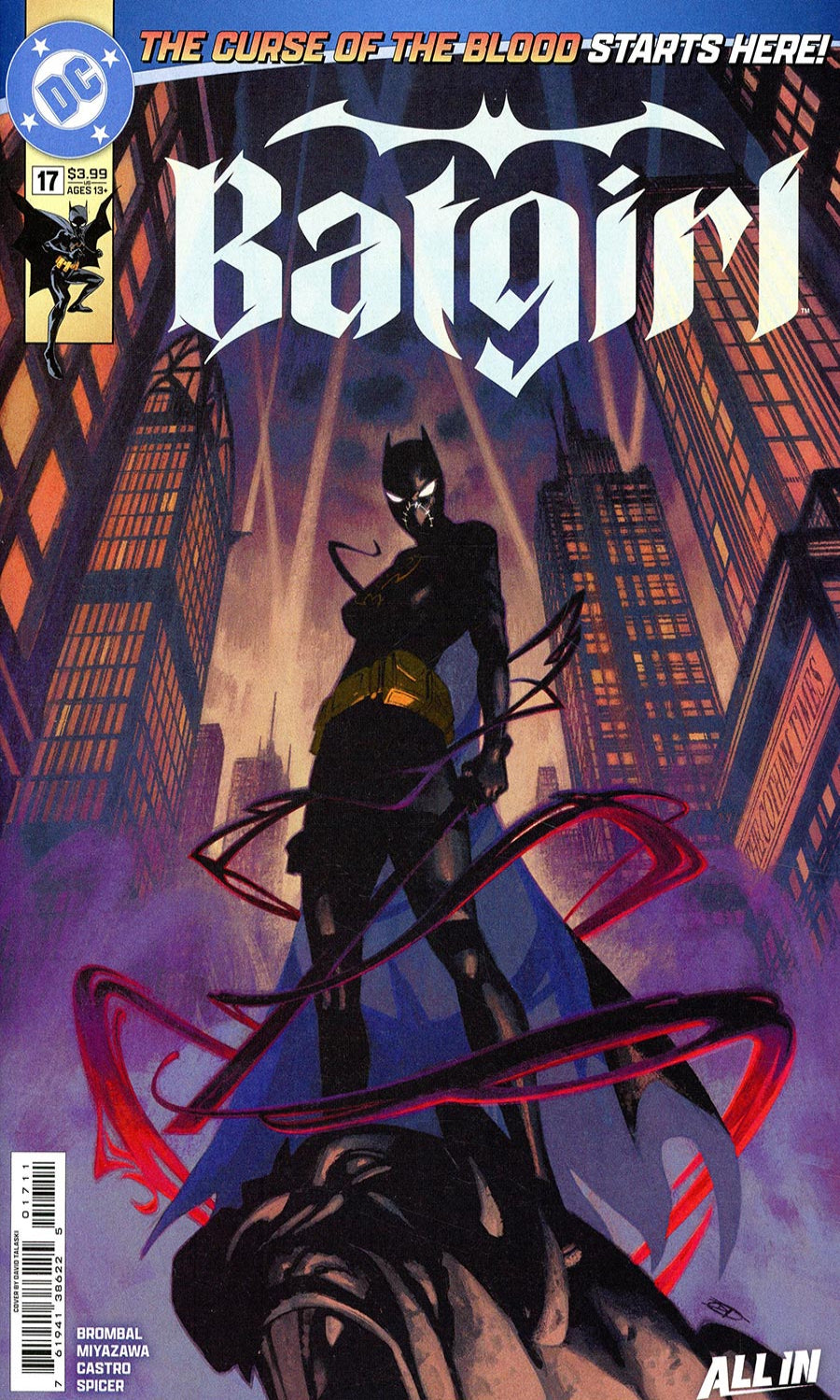 Comic book cover of Batgirl with a dark cityscape background