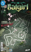 Comic book cover of Batgirl featuring a chalk outline on pavement with flowers.