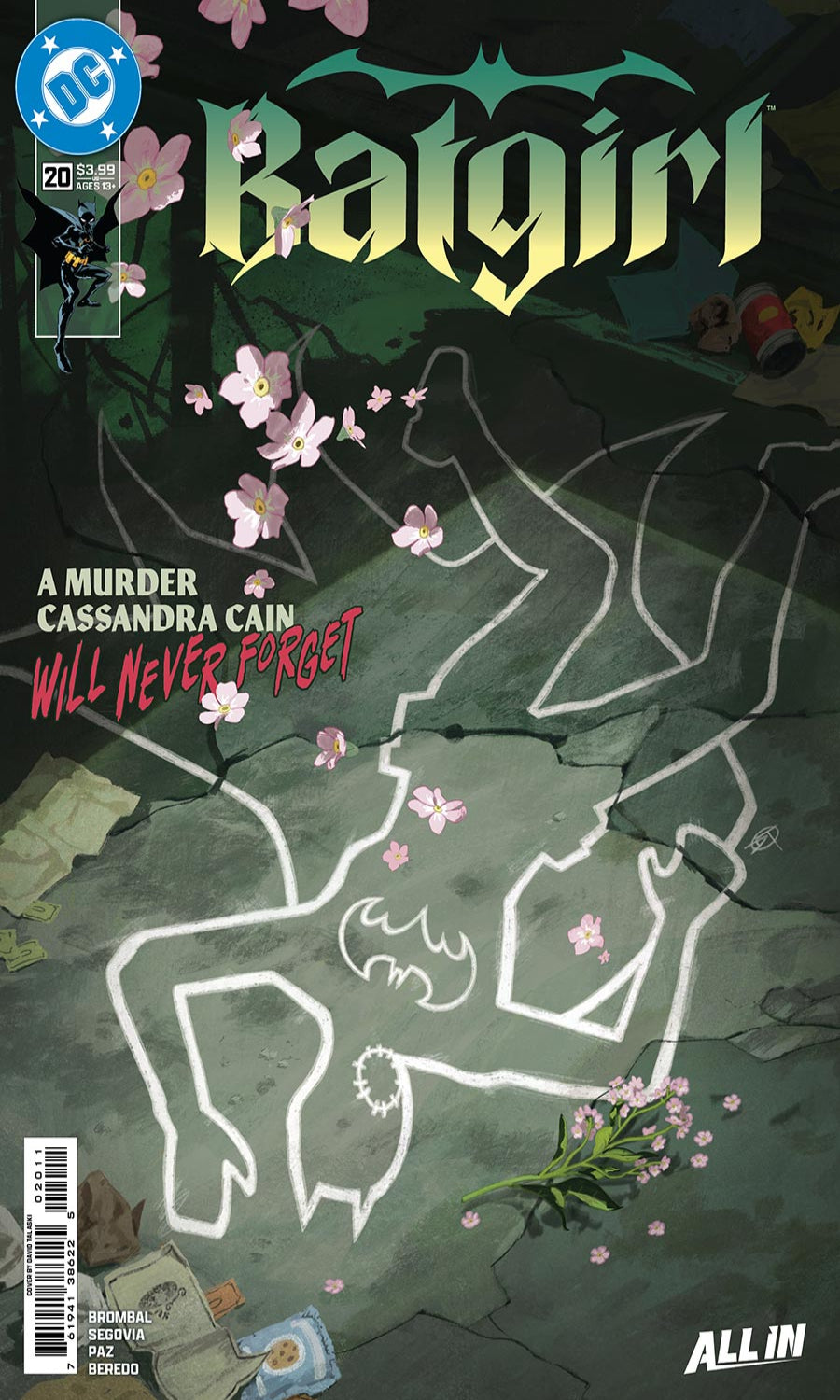Comic book cover of Batgirl featuring a chalk outline on pavement with flowers.