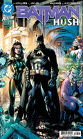 Comic book cover of 'Batman Hush' featuring Batman and other characters in a dramatic setting.