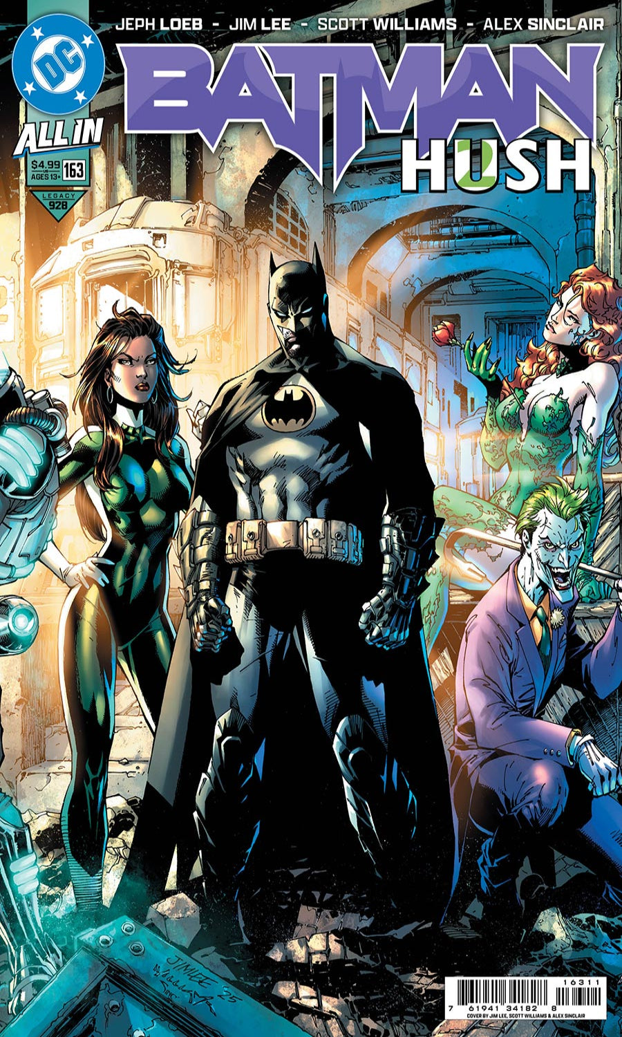 Comic book cover of 'Batman Hush' featuring Batman and other characters in a dramatic setting.