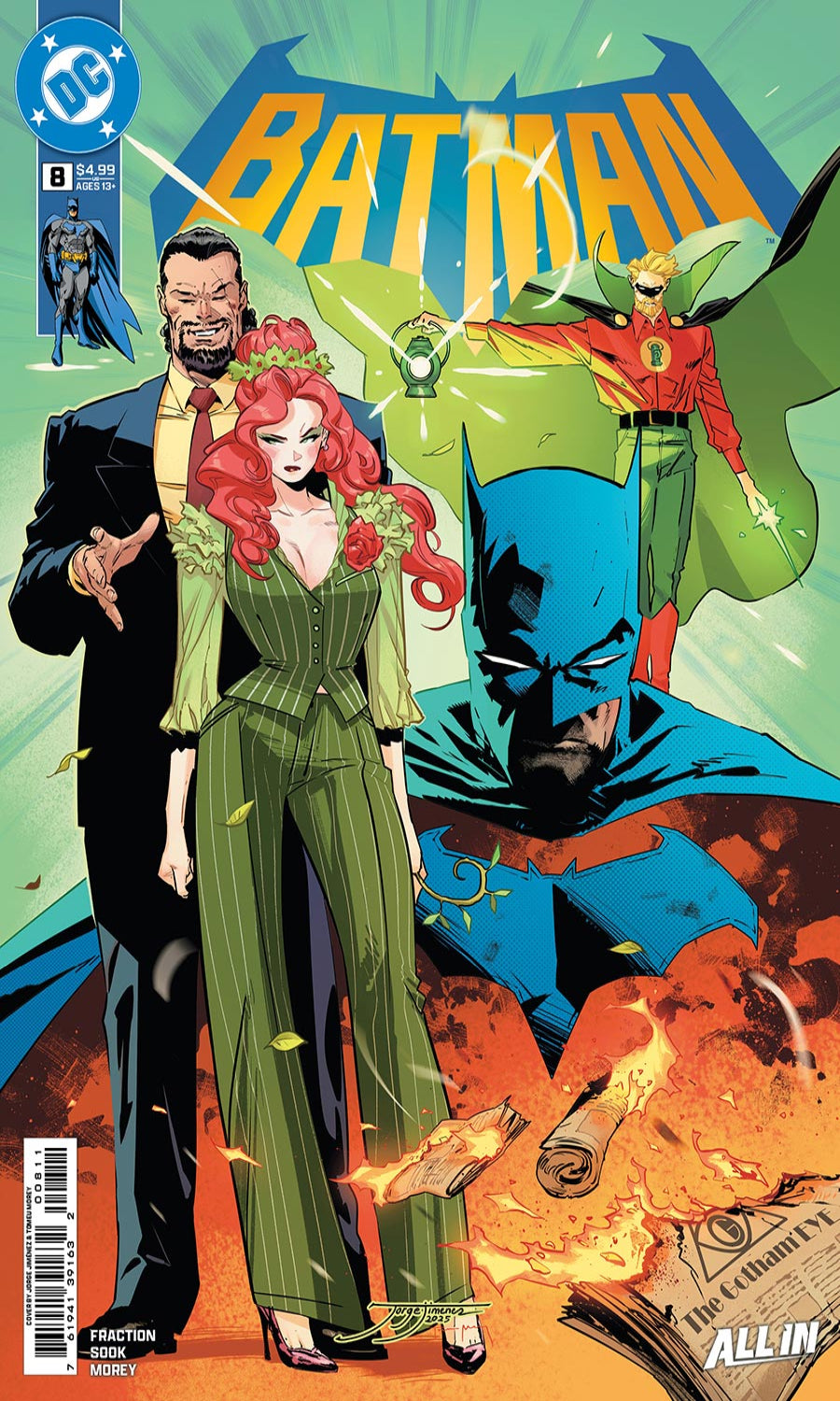 Comic book cover featuring Batman and other characters with a colorful background