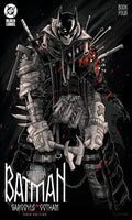 Comic book cover featuring a heavily armored Batman with weapons on a dark background