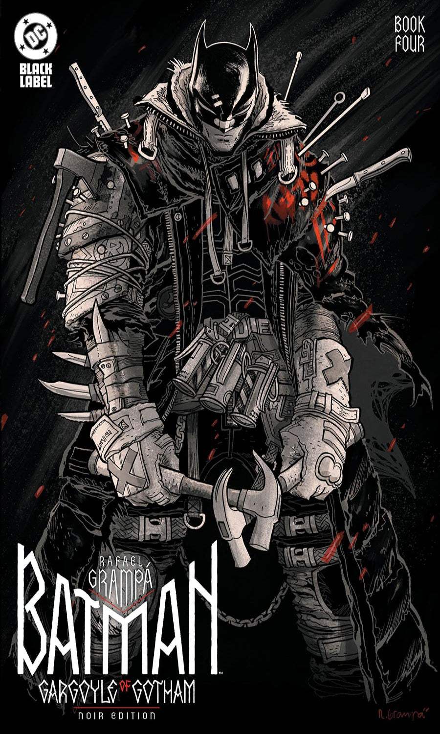 Comic book cover featuring a heavily armored Batman with weapons on a dark background