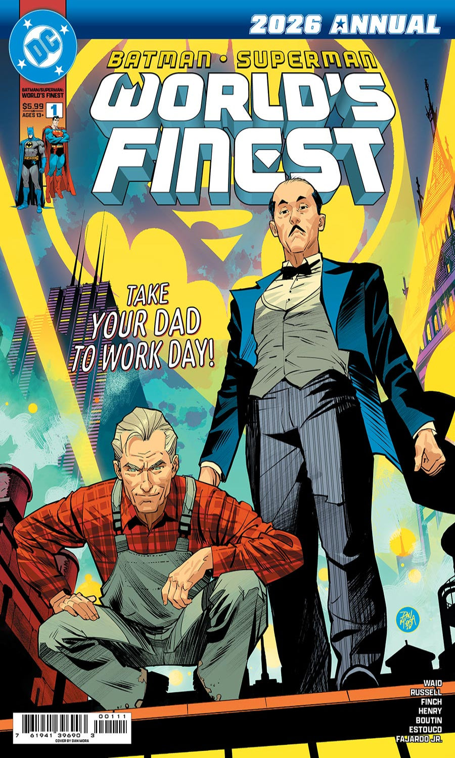 Comic book cover for DC's Batman & Superman 'World's Finest' 2026 Annual, featuring stylized illustrated artwork of two men in suits and overalls against a bright yellow and blue city background.
