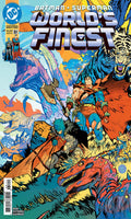 Comic book cover featuring Batman and Superman with dinosaurs, titled 'World's Finest'.
