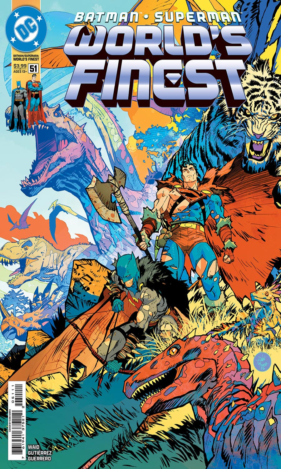 Comic book cover featuring Batman and Superman with dinosaurs, titled 'World's Finest'.