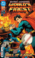 Comic book cover for DC's World's Finest #4 featuring Superman, Batman, and Wonder Woman in an action scene with fiery orange and yellow artwork and the title 'World's Finest' across the top.