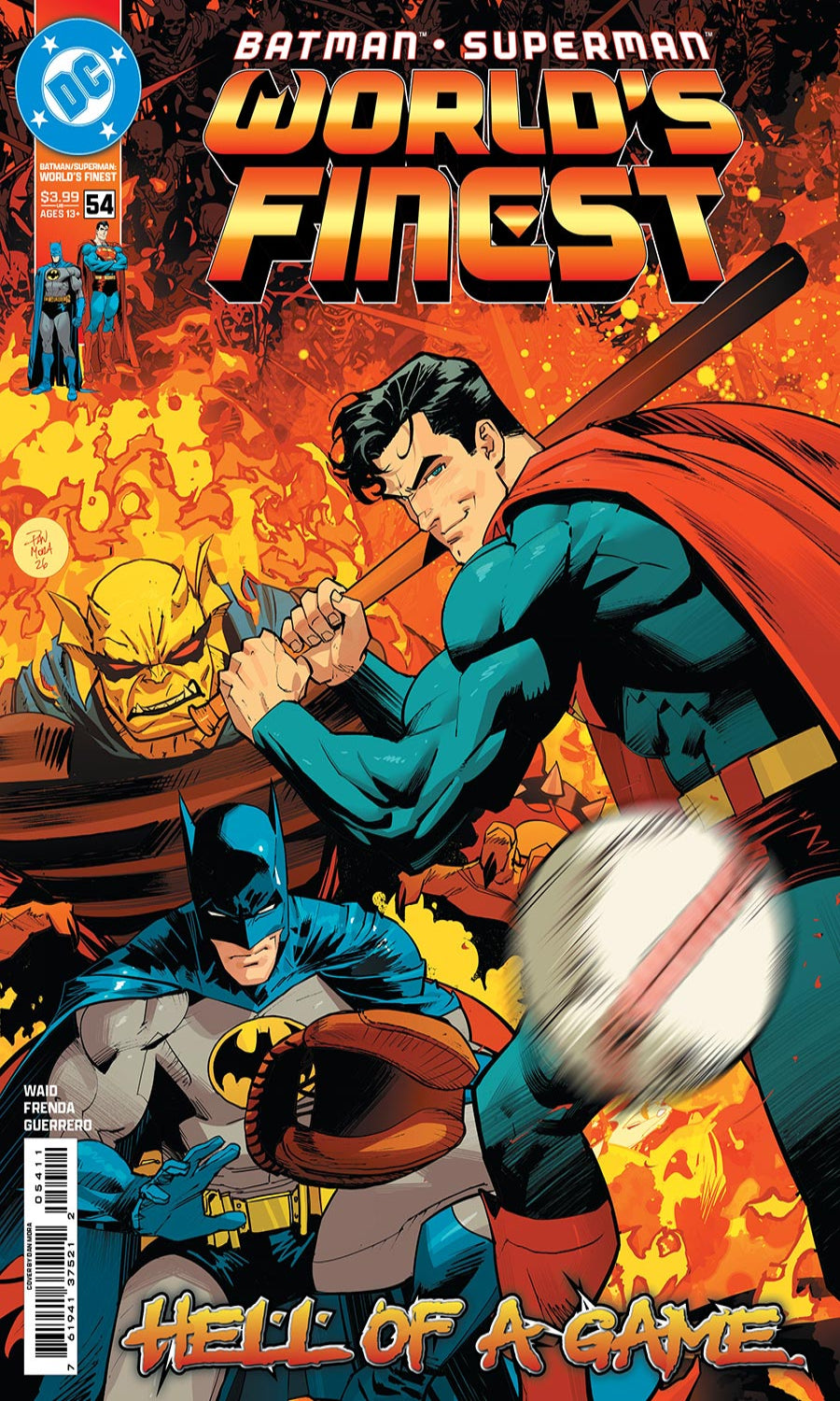 Comic book cover for DC's World's Finest #4 featuring Superman, Batman, and Wonder Woman in an action scene with fiery orange and yellow artwork and the title 'World's Finest' across the top.