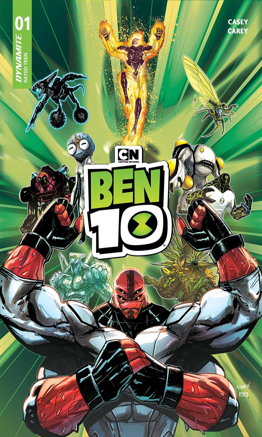 Ben 10 comic book cover with character and alien forces on a green background