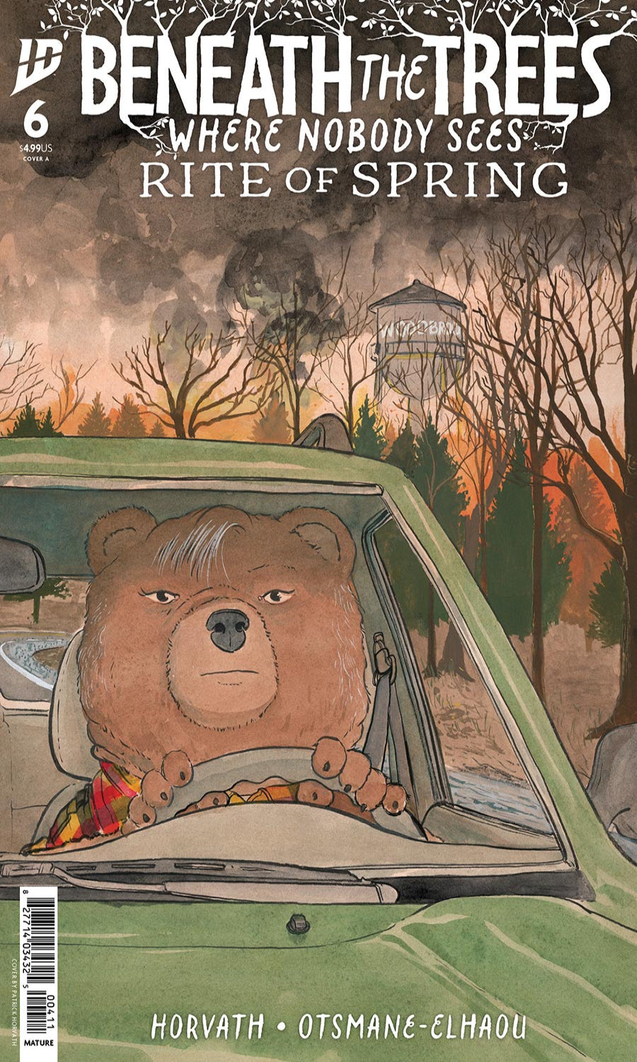 Comic book cover of 'Beneath the Trees' with a bear driving a car in a forest setting.