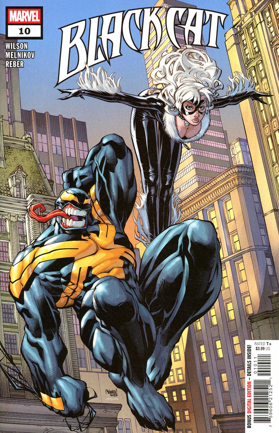 Comic book cover featuring a superhero in a cityscape with 'Black Cat' branding.