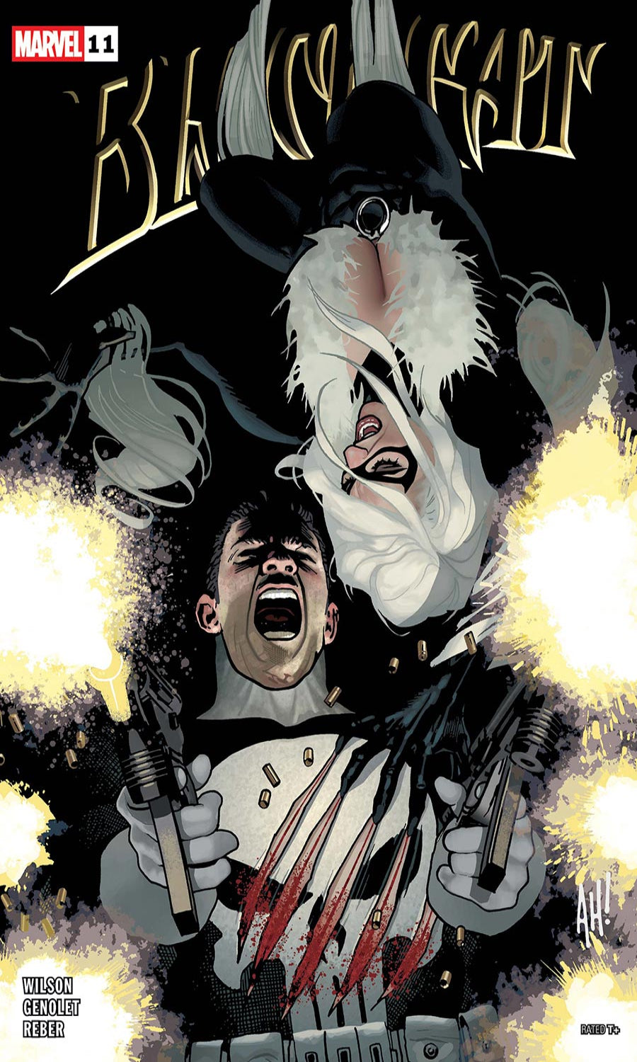Comic book cover featuring a character with white hair and red claws, holding a gun.
