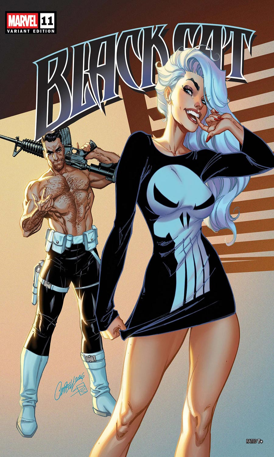 Comic book cover featuring a character in a black dress with a Punisher logo, standing next to a muscular figure holding a weapon.