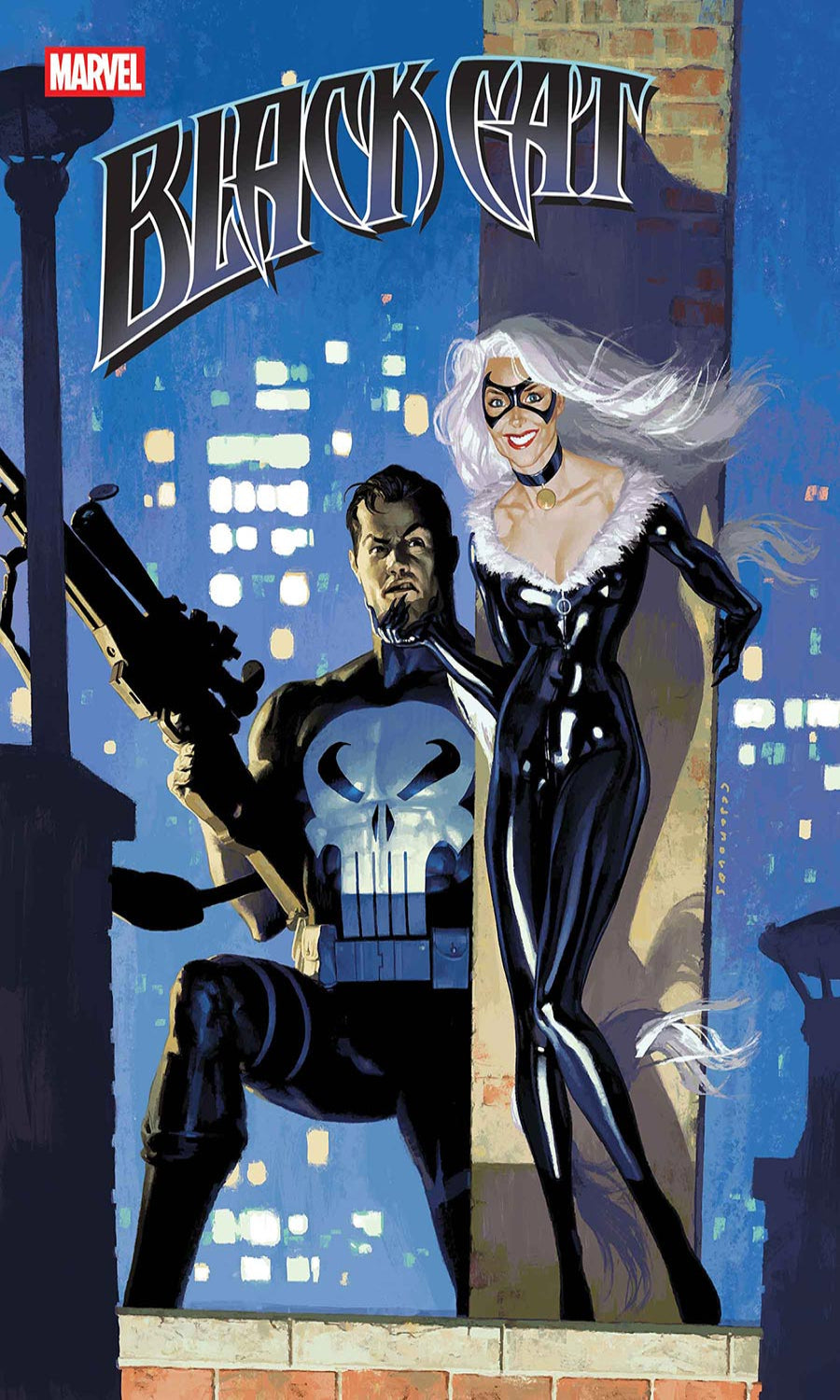 Comic book cover featuring Punisher and Black Cat with cityscape background
