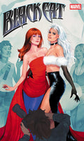 Comic book cover art for Marvel's Black Cat, featuring two illustrated women in superhero-style costumes in the foreground, with a red title at the top and a blurred face in the lower center.
