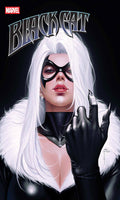 Marvel's Black Cat comic book cover featuring a close-up portrait of the character with long white hair, a black mask, black gloves, and a black-and-white furred costume against a dark background.