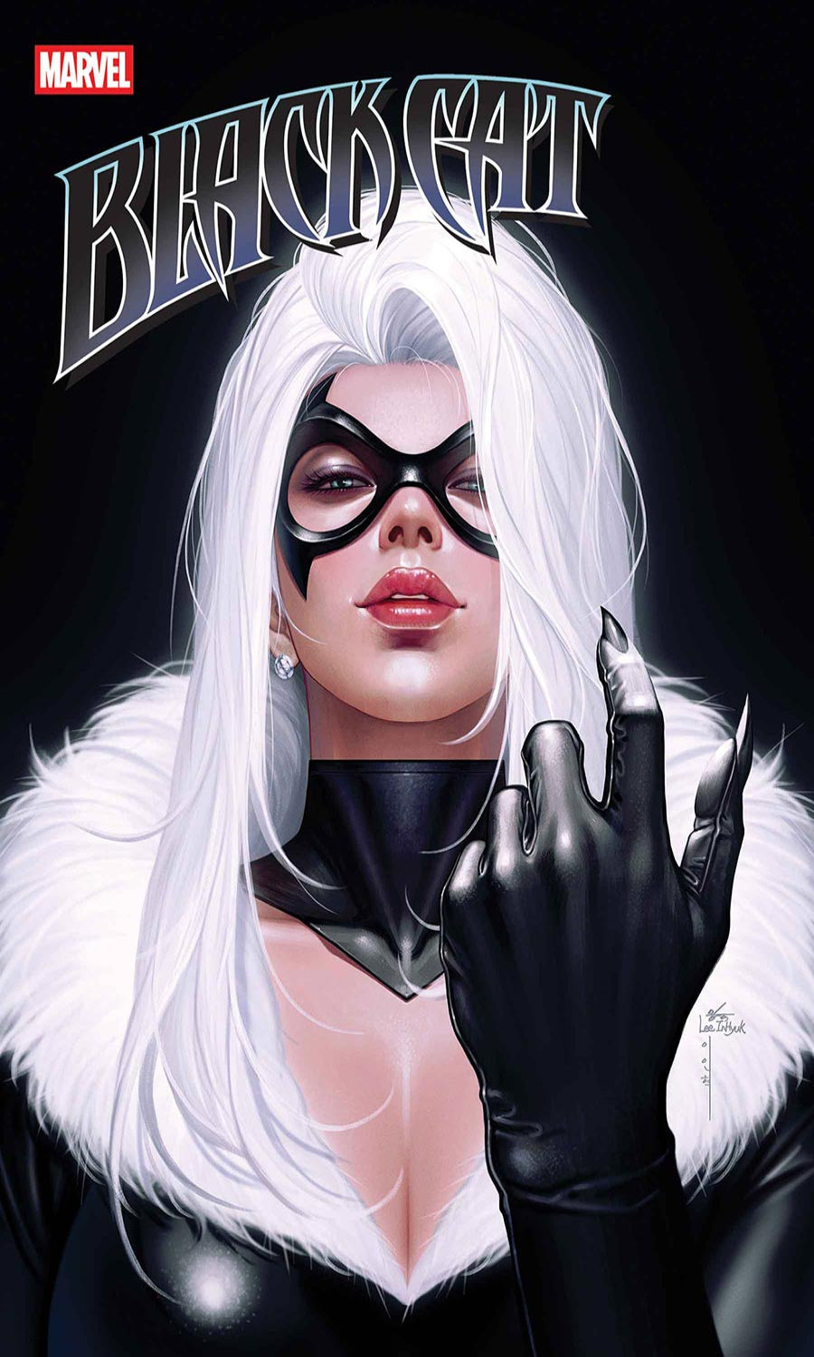 Marvel's Black Cat comic book cover featuring a close-up portrait of the character with long white hair, a black mask, black gloves, and a black-and-white furred costume against a dark background.