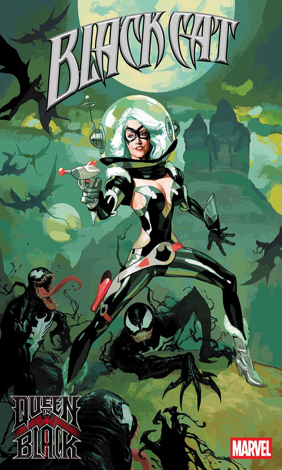 Comic book cover featuring a superhero in a green and black costume with 'Black Cat' text.