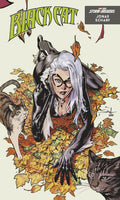 Comic book cover art for Marvel's Black Cat: Storm Breakers #2 by Jonas Scharf, featuring Black Cat surrounded by autumn leaves and two cats on a cream background.