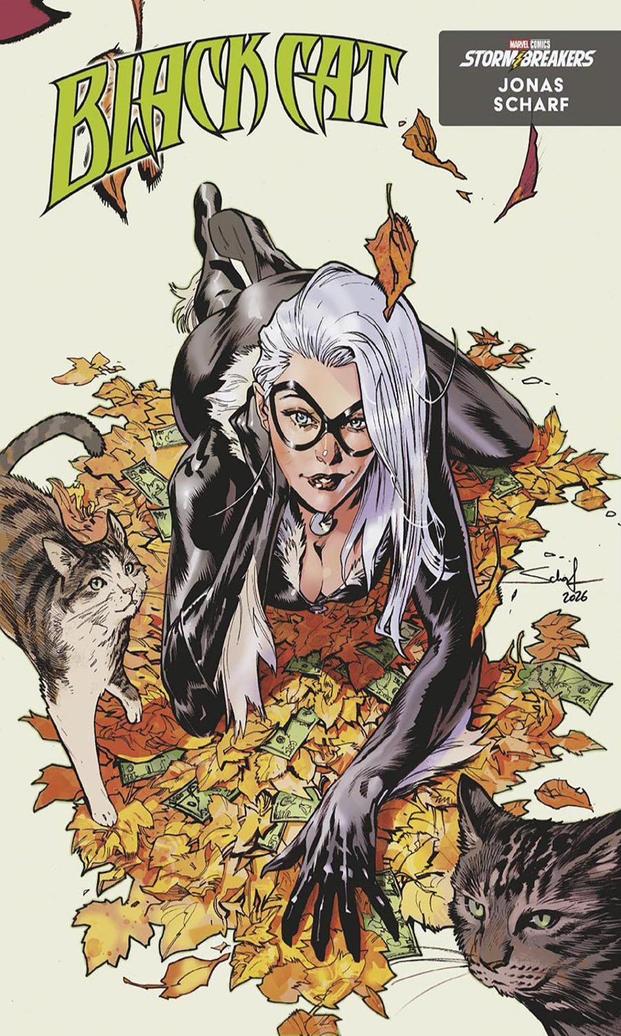 Comic book cover art for Marvel's Black Cat: Storm Breakers #2 by Jonas Scharf, featuring Black Cat surrounded by autumn leaves and two cats on a cream background.