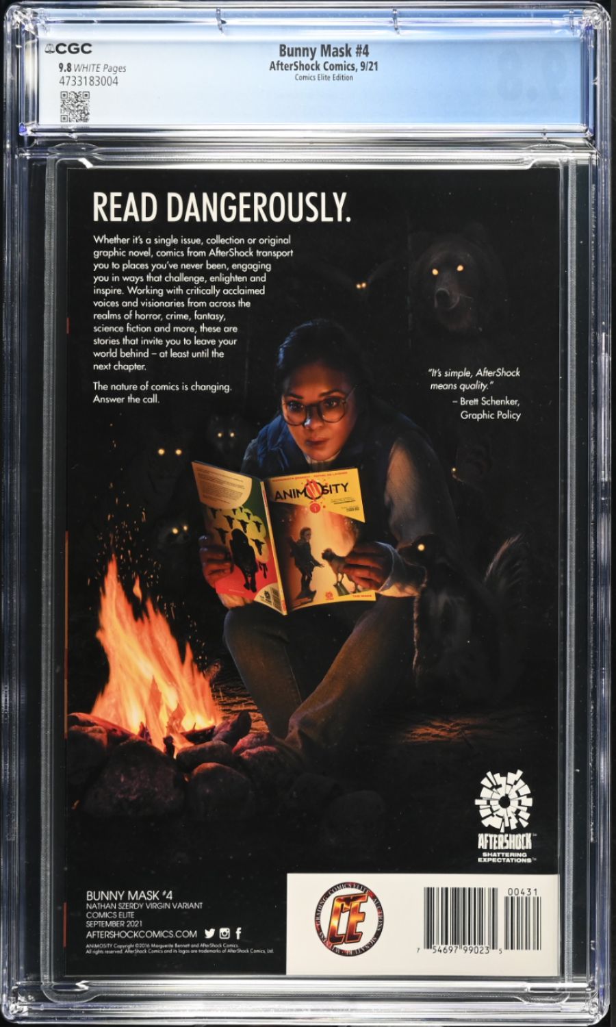 Comic book cover with a person reading a book by a campfire, surrounded by glowing eyes.