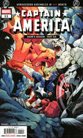Comic book cover featuring Captain America amidst a chaotic scene with other characters.