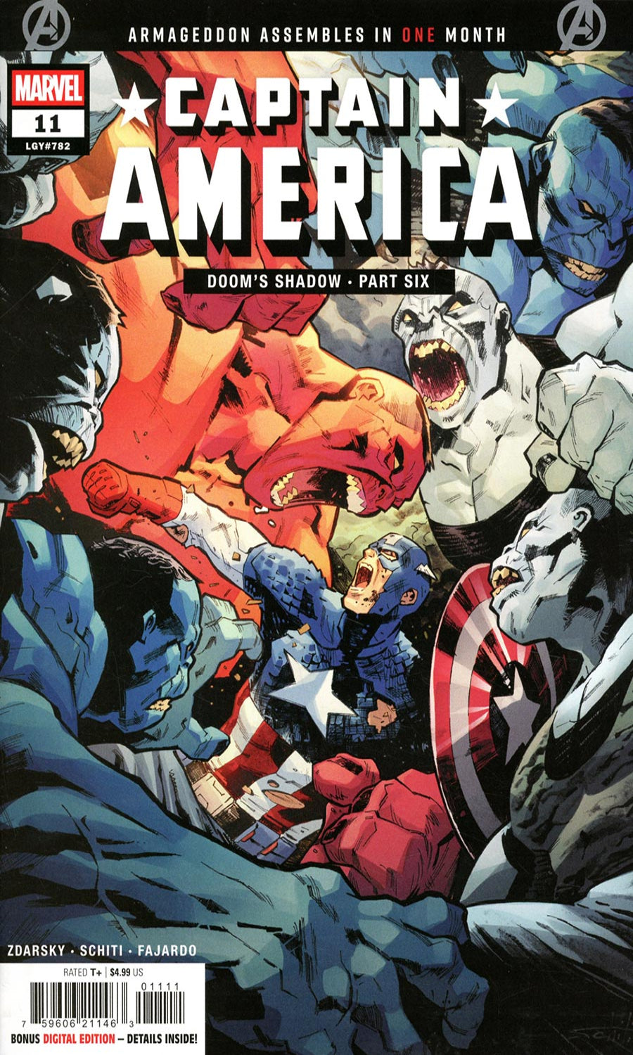 Comic book cover featuring Captain America amidst a chaotic scene with other characters.