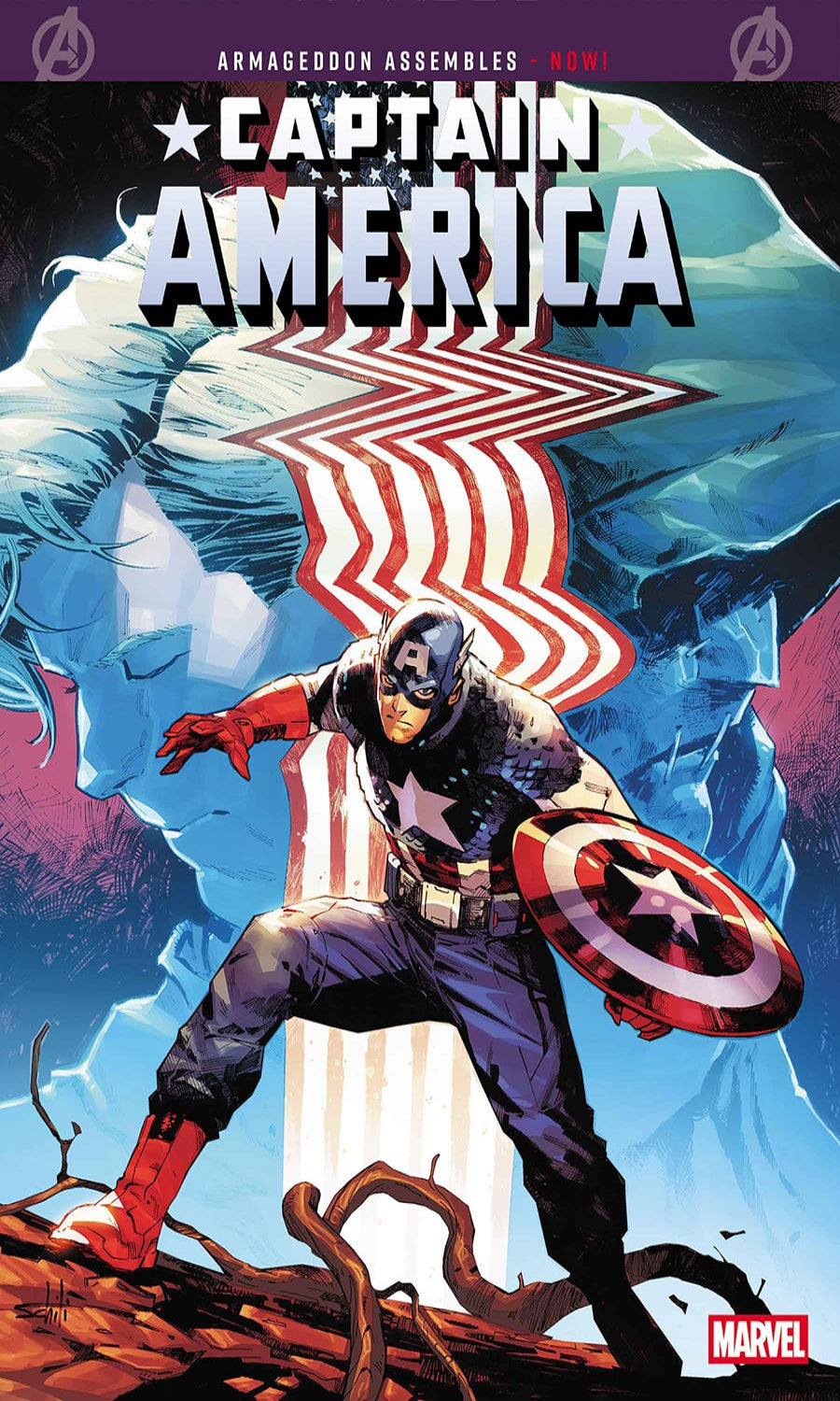 Comic book cover featuring Captain America with a shield, set against a dramatic landscape.