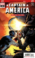 Marvel's Captain America Issue 14 comic book cover featuring Captain America and Batman locked in a dramatic fistfight with a bright explosion in the background.
