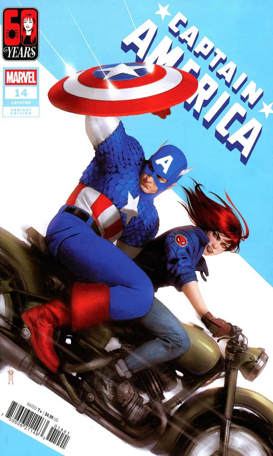 Marvel's Captain America: The Great Beyond #14 comic book cover featuring Captain America and Black Widow riding a motorcycle against a bright blue background with large title text.