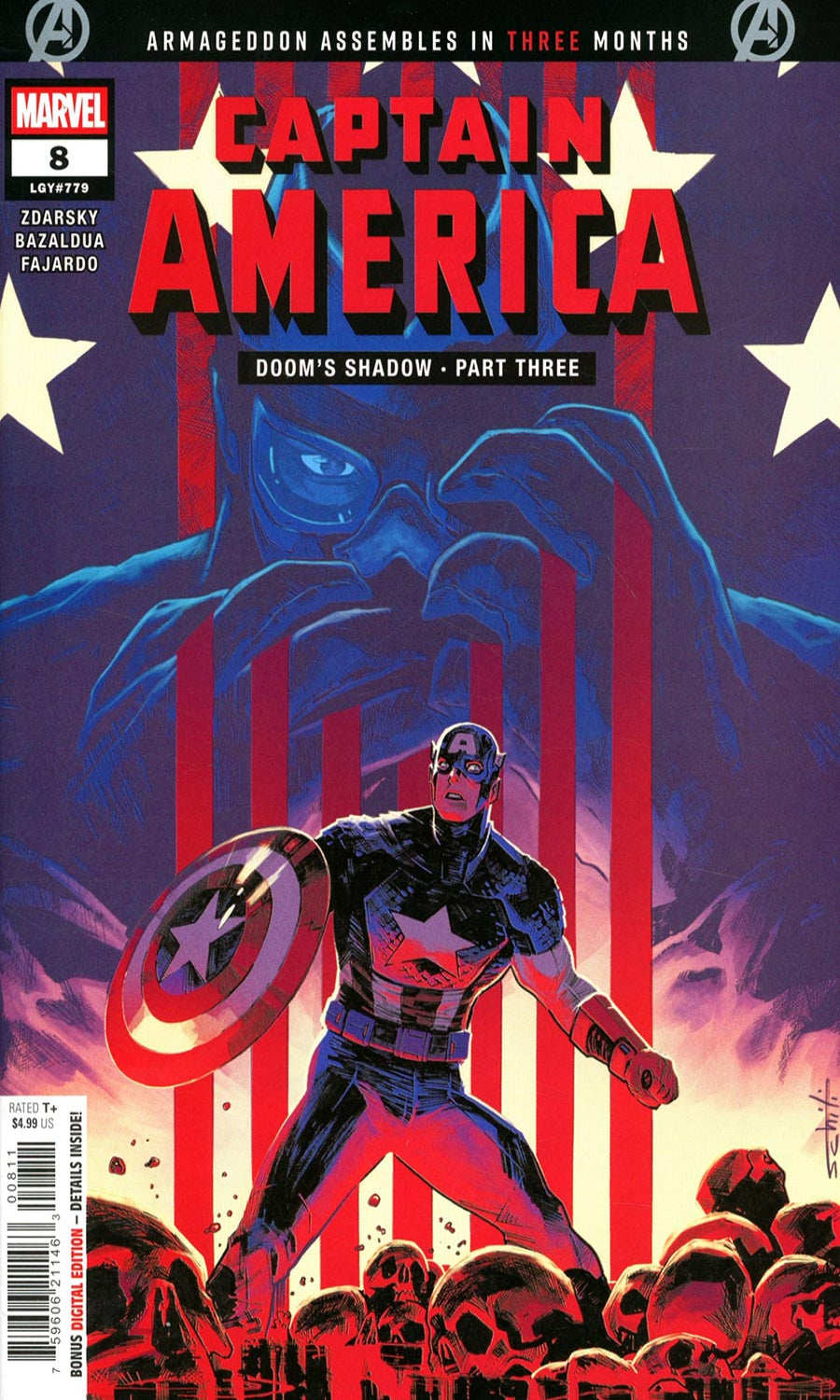 Comic book cover featuring Captain America with a dark, ominous background